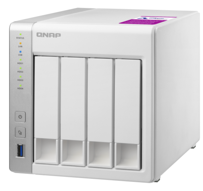 QNAP TS-431P2 Four Bay Network Attached Storage (NAS) front, top and side view.