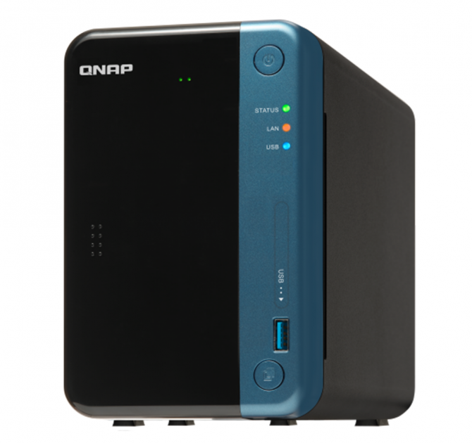 QNAP TS-253Be Two Bay Network Attached Storage (NAS) front and side view.