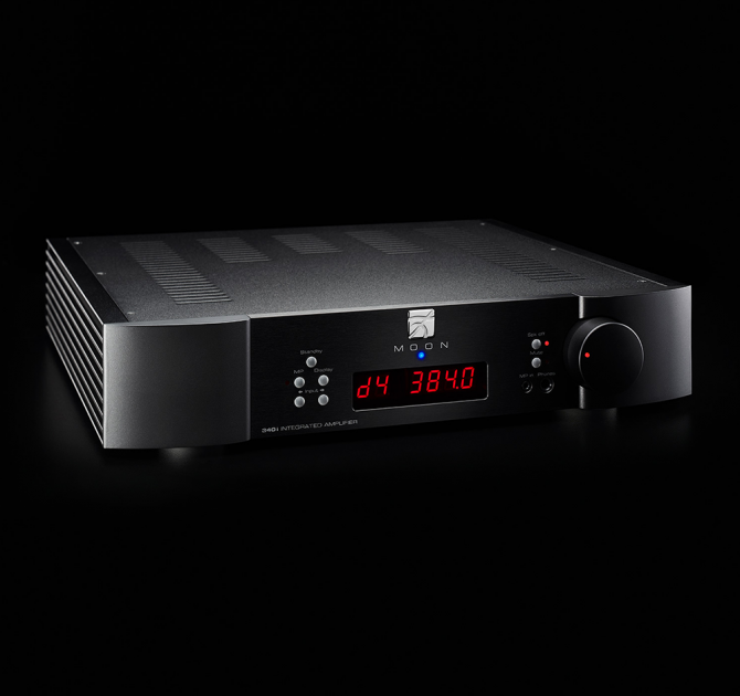 Moon 340i D3PX Stereo Integrated Amplifier in black on a black background.