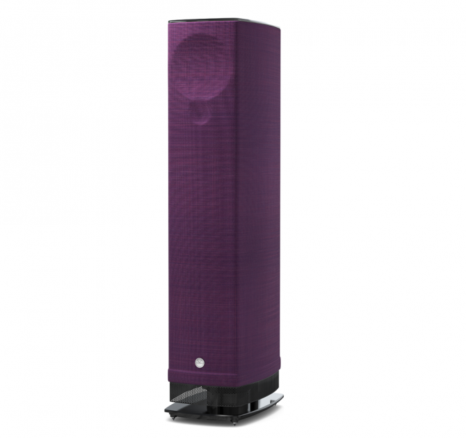 Linn Series 5 530 Exakt Active Speakers in aubergine with a black glass stand