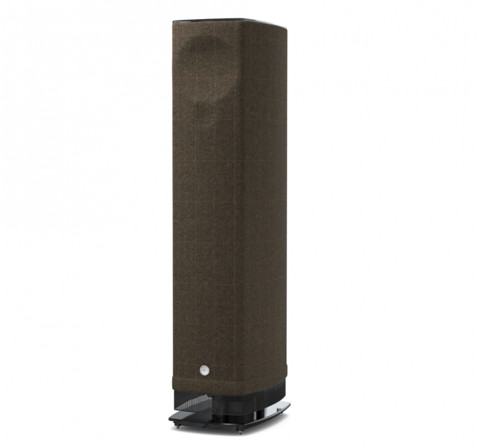 Linn Series 5 530 Exakt Active Speakers in Harris Tweed Barley with a black glass base