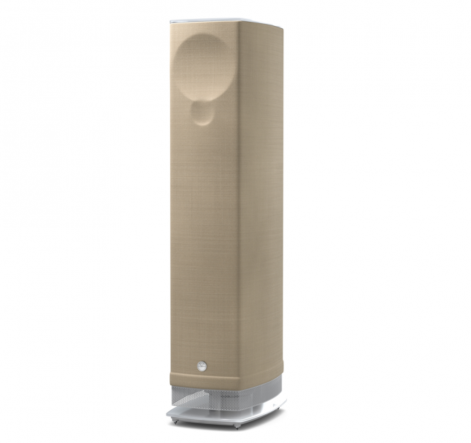 Linn Series 5 530 Exakt Active Speakers in Butterscotch with a white glass base