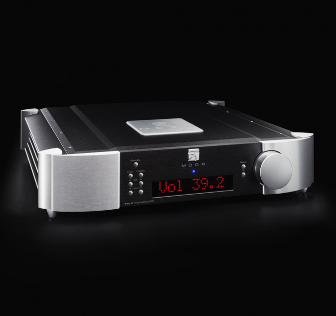 Moon 740P Single Chassis Reference Balanced Preamplifier on a black background.
