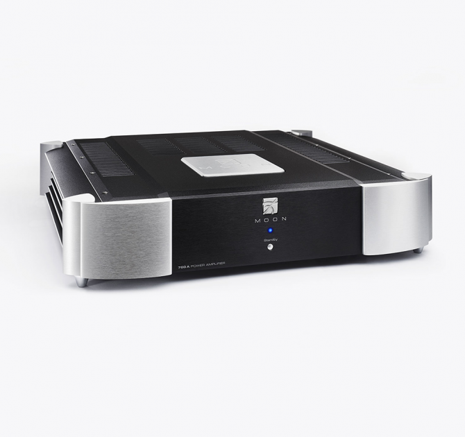 Moon 760A Dual Mono Power Amplifier.  Front, top and side view.