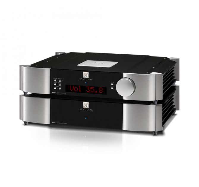 Moon 850P Dual Chassis Reference Balanced Preamplifier in black and silver.