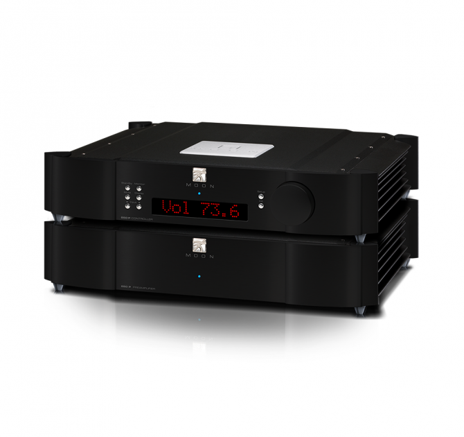 Moon 850P Dual Chassis Reference Balanced Preamplifier in black.