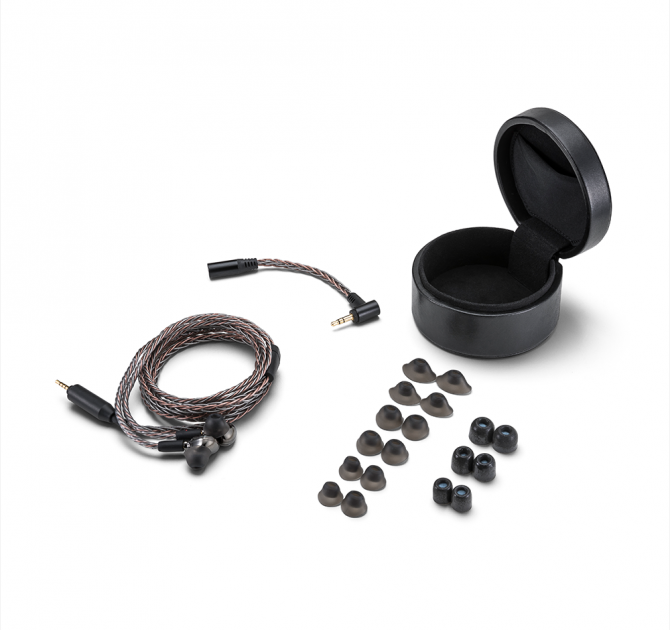 Astell & Kern AKT9iE Earphones Black with case and ear pad options.