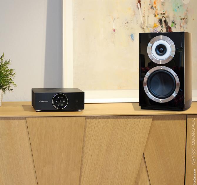 Cabasse Abyss Stereo Amplifier on a side board with a Murano speaker beside it