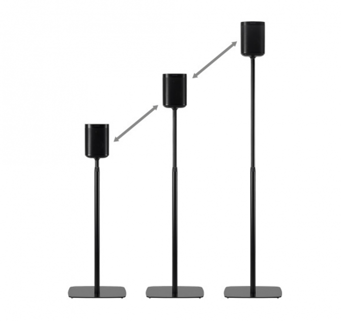 Flexson Adjustable Floor Stand One/Play1 - three side-by-side showing the comparative height options.