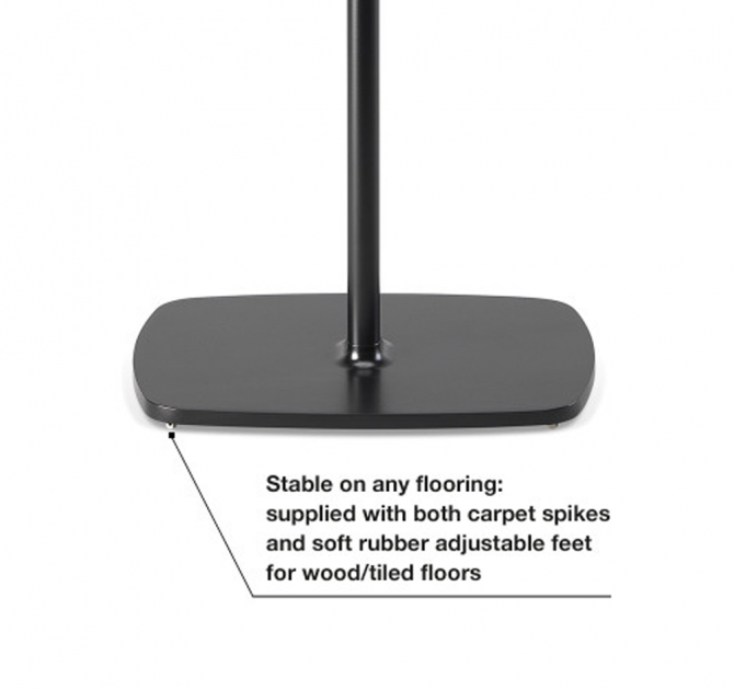 Flexson Adjustable Floor Stand base close-up with the words "Stable on any flooring: supplied with both carpet spikes and soft rubber adjustable feet for wood/tiled floors."