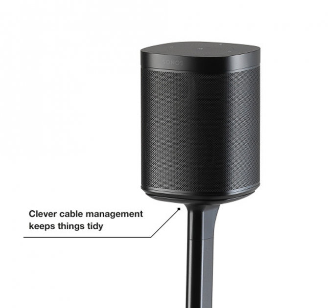 Flexson Adjustable Floor Stand close-up of the speaker and the words "clever cable management keeps things tidy."