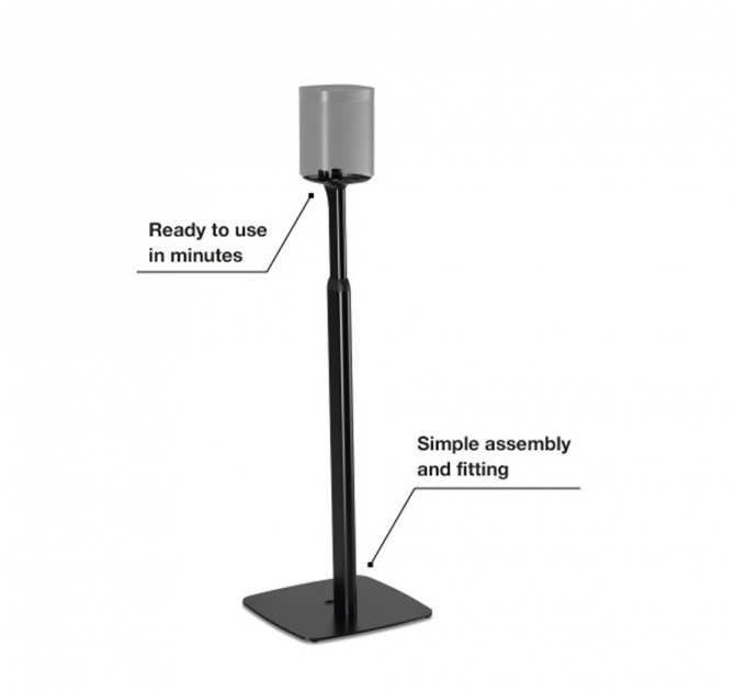 Flexson Adjustable Floor Stand One/Play1 with speaker and the words "ready to use in minutes" and "simple assembly and fitting."