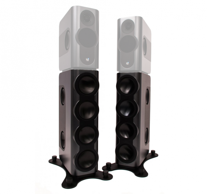 A pair of Kii Three BXT speakers in graphite - the image shows the slower part of the speaker system with the upper section greyed out to show this product is just the lower BXT section.