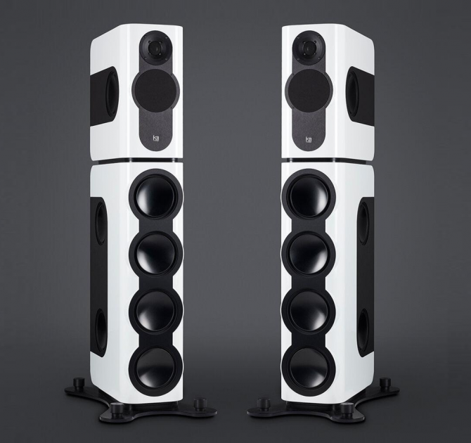 A pair of Kii Three BXT Loudspeakers in high gloss white