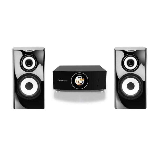 A pair of Cabasse Minorca MC40 Bookshelf speakers either side of the Cabasse AMP 240 S