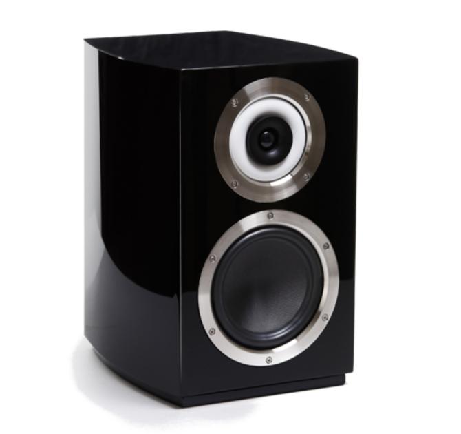 A Cabasse Murano Loudspeaker in black.  the speaker is a bookshelf style speaker