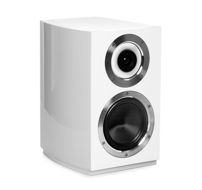 A Cabasse Murano Loudspeaker in white.  the speaker is a bookshelf style speaker