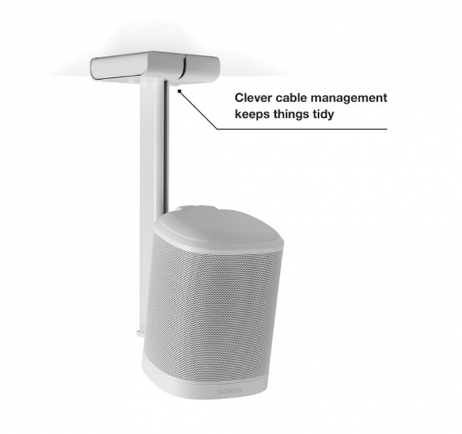 Flexson Ceiling Mount One/Play1 White x1 with speaker and the words "clever cable management keeps things tidy".
