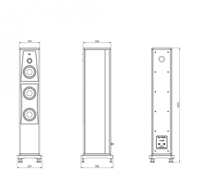 Three drawings of Rosso Fiorentino Certaldo Loudspeakers with dimension annotation.