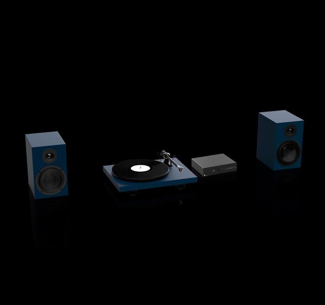 Two speakers and a turntable in blue with a Project Maia S3