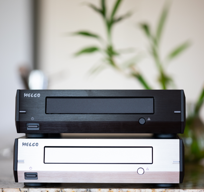 Melco D100 Compact Disc Drive - the black version on top of the silver version