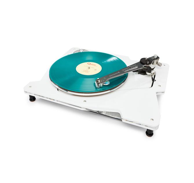 Vertere DG-X Turntable in white with a green record on.