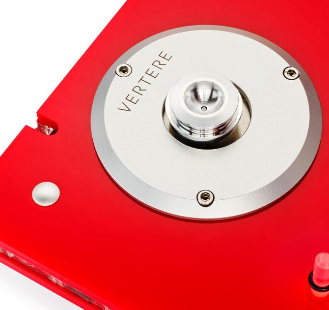 Vertere DG-X Turntable in red, close-up view