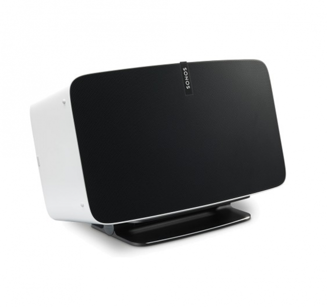 Flexson Desk Stand Play5 Black x1 on a stand with a white Sonos Play 5 on it.