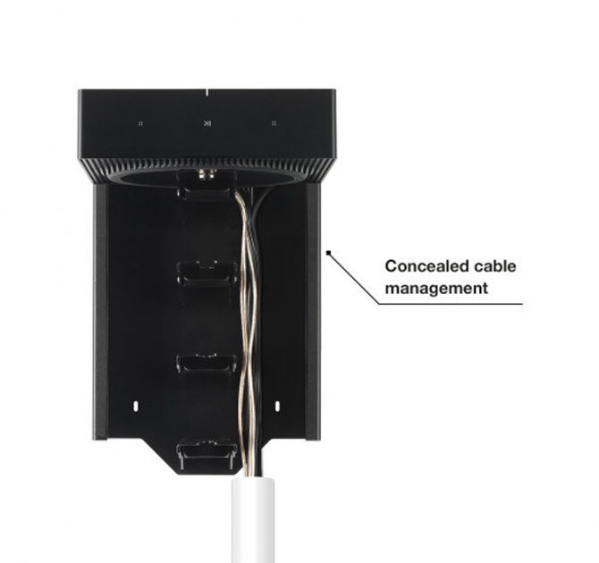 Flexson Dock x4 Amp Black x1 annotated with "concealed cable management".