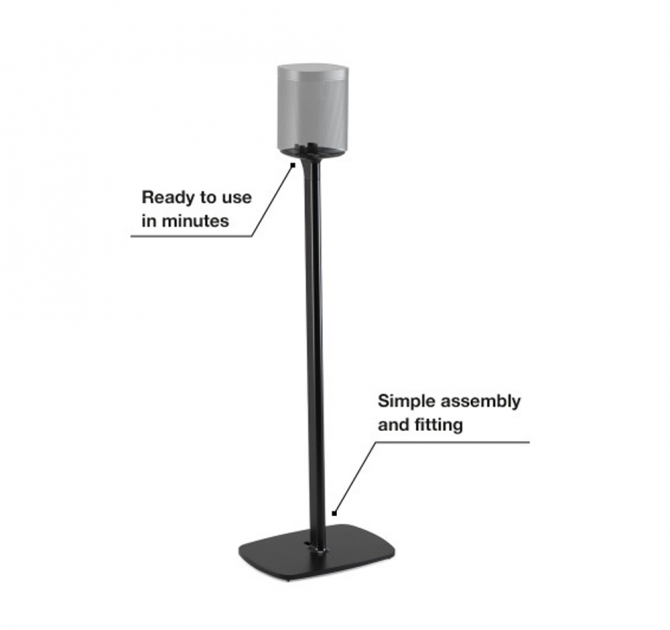 Flexson Floor Stand One/Play1 EU x1 with the annotation: "Ready to use in minutes" and "simple assembly and fitting".