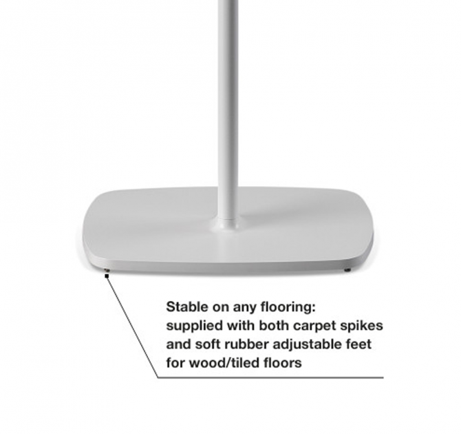 Flexson Floor Stand One/Play1 EU x1 in white close-up of the base with the words "stable on any flooring: supplied with both carpet spikes and soft rubber adjustable feet for wood/tiled floors".