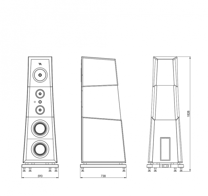 Three drawings of Rosso Fiorentino Florentia Loudspeakers showing the dimensions