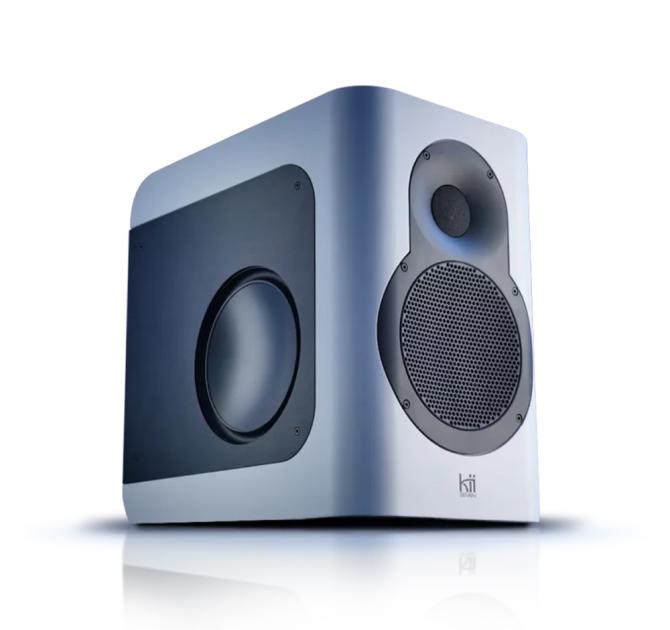 Kii Seven Speaker with blue reflected onto the white