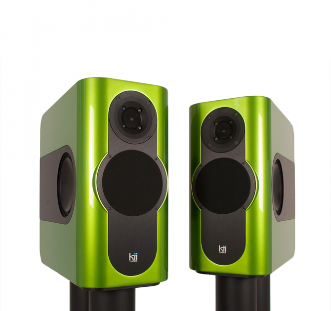 A pair of Kii Three Loudspeakers in a Lime Green Gloss colour