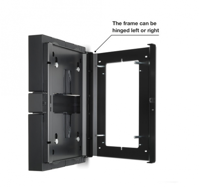Flexson Wall Mount x4 Amp Black x1 with Sonos Amps in place and the words "The frame can be hinged left or right".