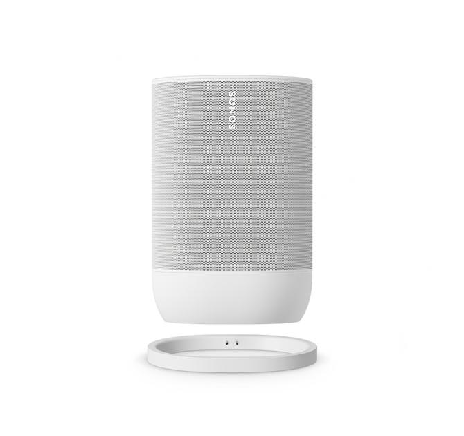 SONOS Move 2 Loudspeaker in white hoovering above the charge ring