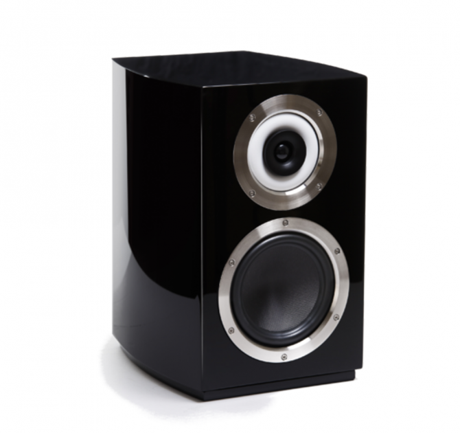 Cabasse Murano Loudspeaker in black.  Front, side and top view without grille.