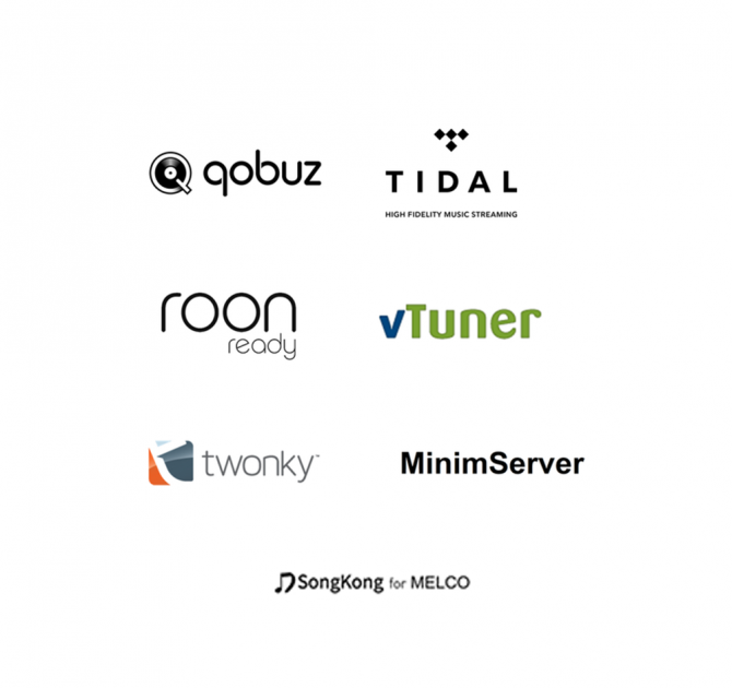 Logos for qobuz, Tidal, Roon Ready, vTuner, twonky, minimServer and SongKong for Melco.