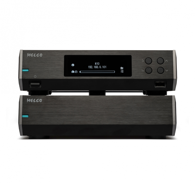 Melco N10/2 Digital Music Library in black.  One on top of the other.