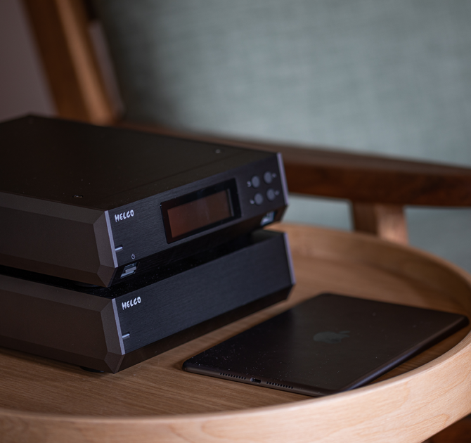 Melco N10/2 Digital Music Library in black.  One on top of the other on a table