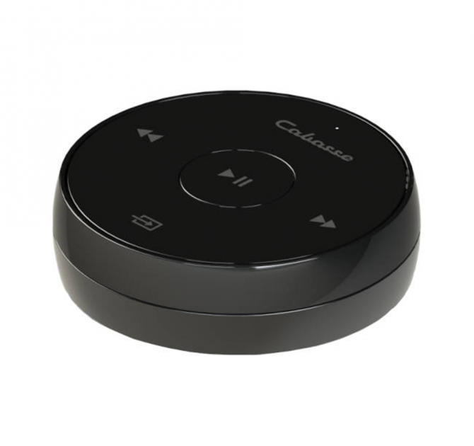 Cabasse programmable bluetooth remote.  The remote is a black thick disc.