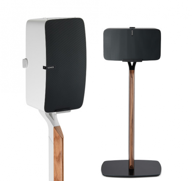 Flexson Premium Floor Stand Five x1 white and black stands showing the Sonos Play:5 vertically placed and horizontally placed.