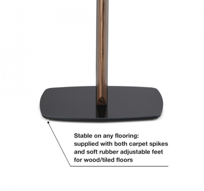 Flexson Premium Floor Stand Five x1 in black close-up of the base with the words "stable on any flooring: supplied with both carpet spikes and soft rubber adjustable feet for wood/tiled floors".