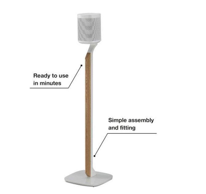 Flexson Premium Floor Stand One/Play1 Wht x1 - White with speaker (not included) and the words "ready to use in minutes" and "simple assembly and fitting".