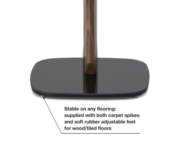 Flexson Premium Floor Stand One/Play1 Blk x1 - Black close-up of the base with the words "stable on any flooring: supplied with both carpet spikes and soft rubber adjustable feet for wood/tiled floors".