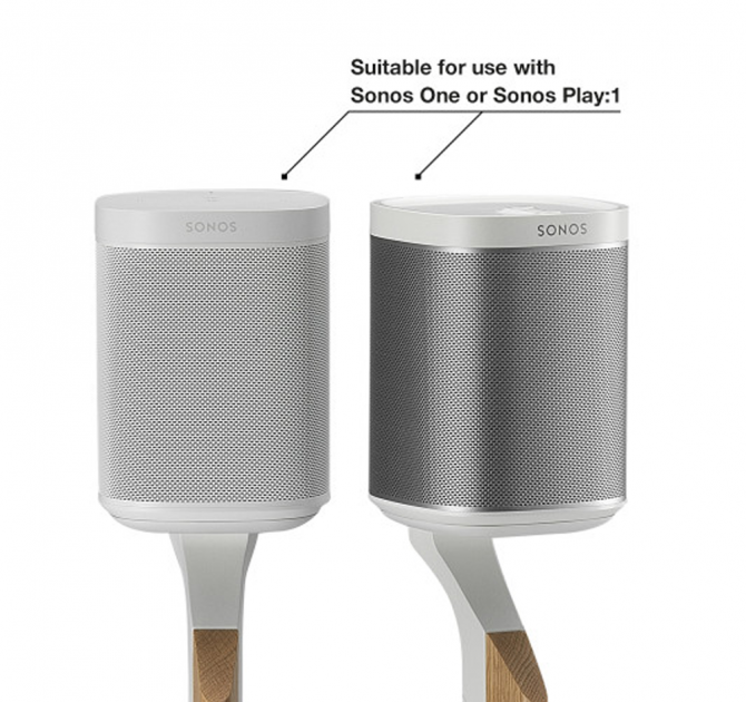 Flexson Premium Floor Stand One/Play1 Blk x1 - white shown with Sonos One and Sonos Play:1 and the words "suitable for use with Sonos One or Sonos Play:1".