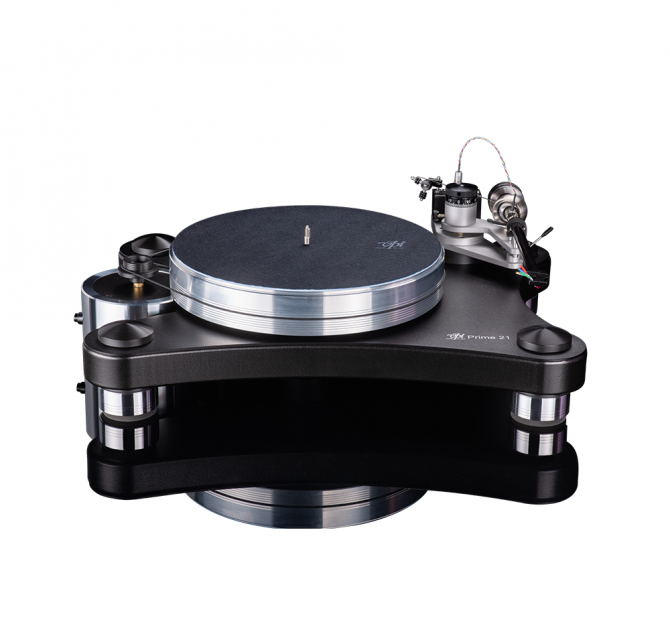 VPI Prime 21 Plus Turntable in black on a white background reflected