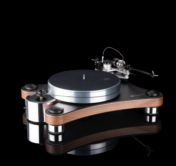 VPI Prime 21 Turntable in walnut on a black background with a reflection