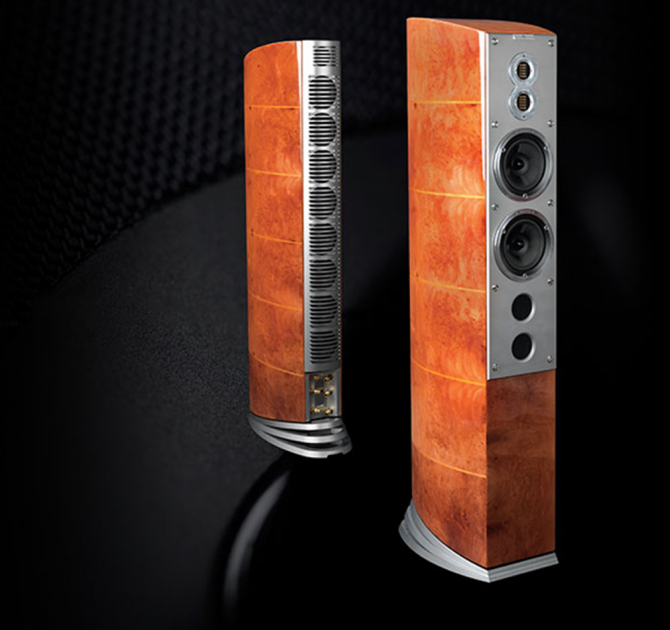 A pair of Audiovector R11 Arreté Loudspeaker in Madrona Burl.  One viewed from the front and one from the rear
