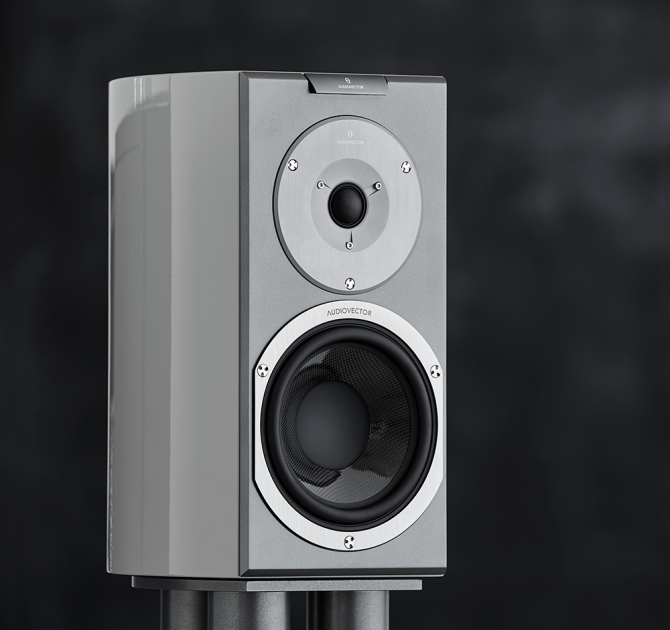 Audiovector R1 Signature in custom grey against a black background